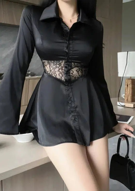 Black Silky Shirt Dress