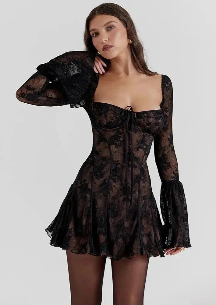 Backless Long Flare Sleeve Dress
