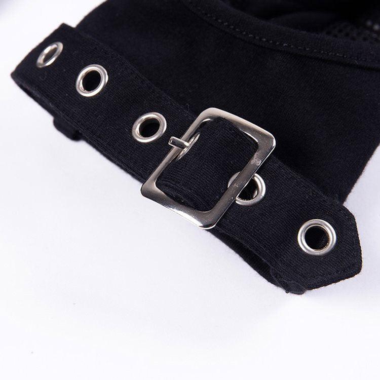 Punk Hollow Out Mesh Summer T-shirt With Belts and Spikes Decoration - Vellarmi