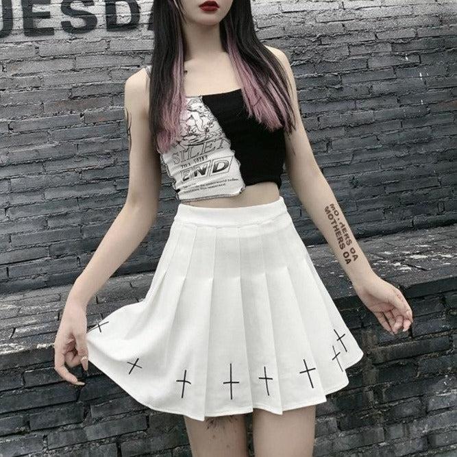 High Waist Pleated Black Skirt Gothic Style - Vellarmi