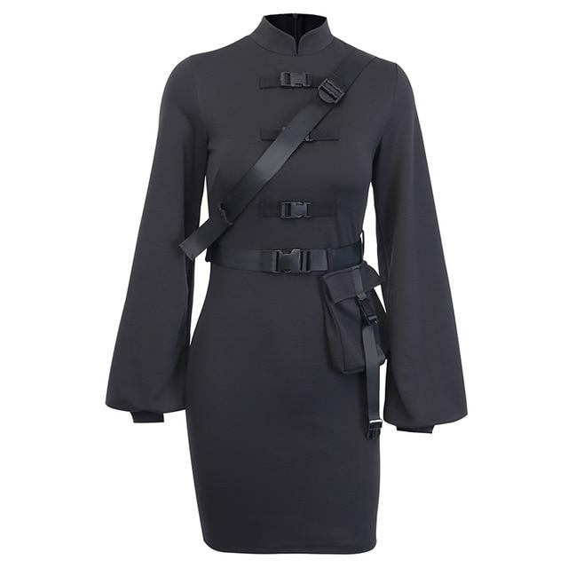 Punk Goth Harajuku Style Mini Long Sleeve Black Streetwear Dress - Vellarmi