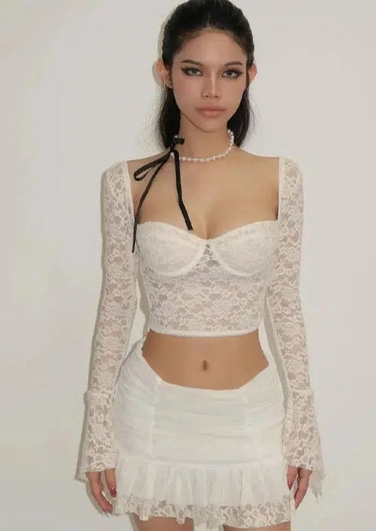 White Lace Top Skirt Set