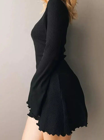 Casual Frill Long Sleeve Black Dress