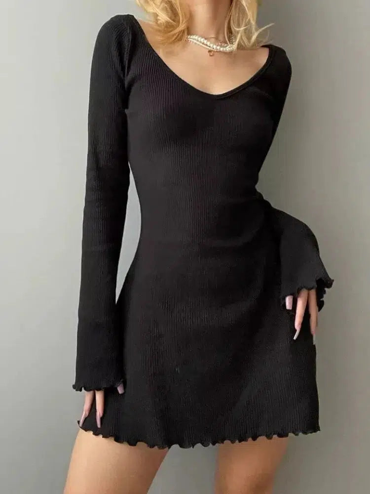 Casual Frill Long Sleeve Black Dress