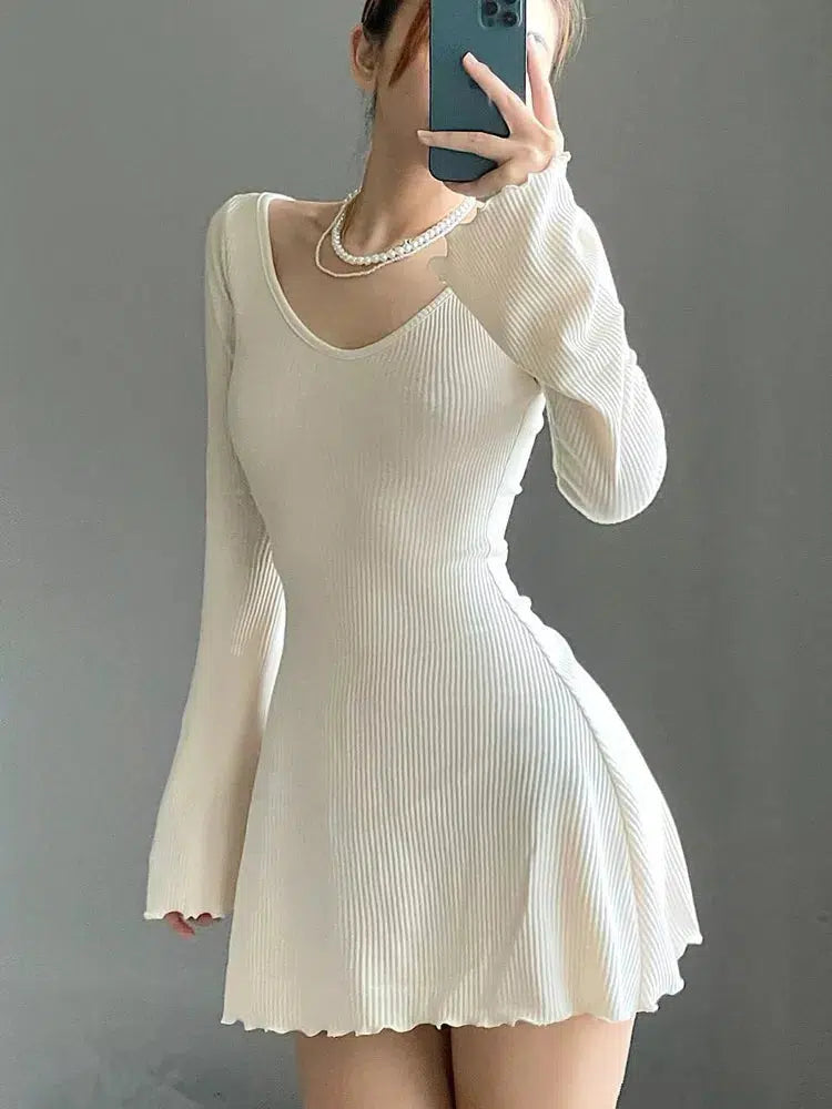 Casual Frill Long Sleeve Black Dress