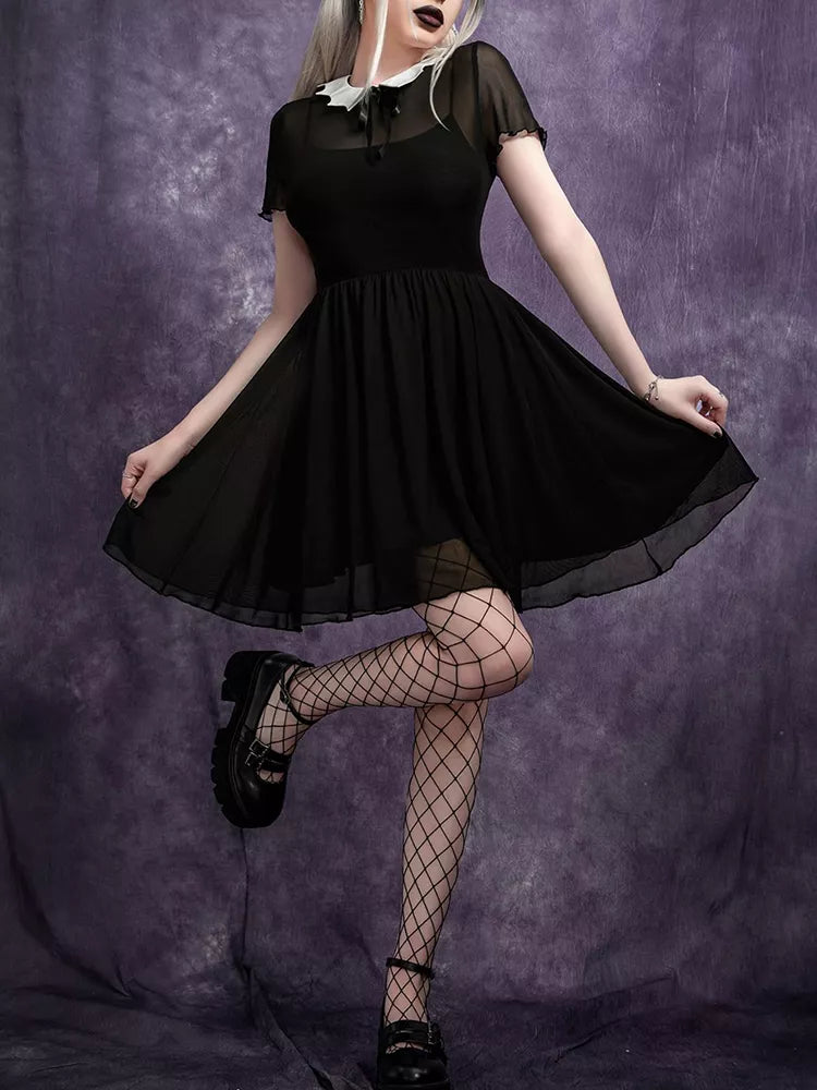 Goth Dark Mesh Bat-Neck Dress