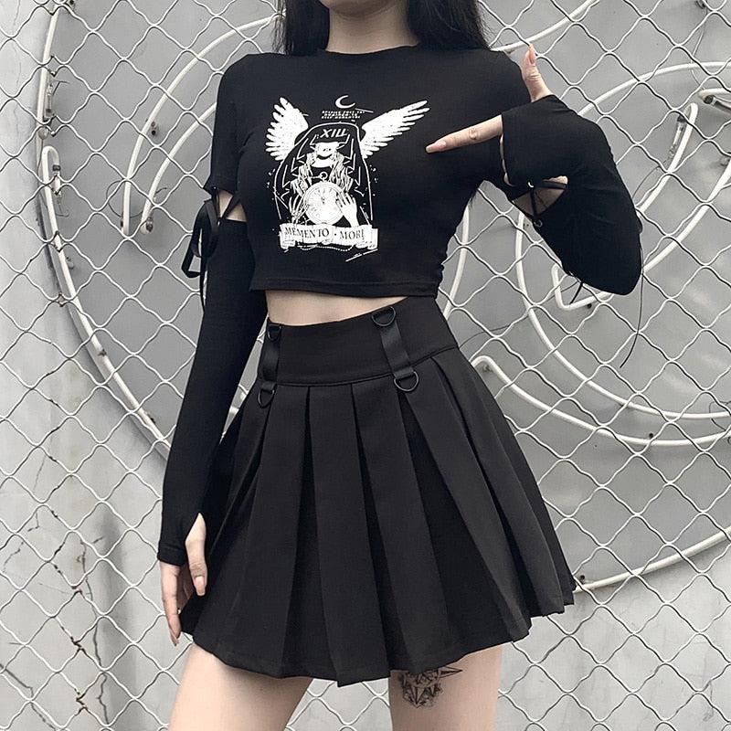 Wings Witch Print Black Long Sleeve Slim T-shirts - Vellarmi