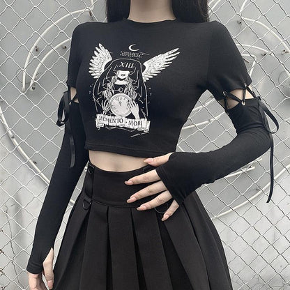 Wings Witch Print Black Long Sleeve Slim T-shirts - Vellarmi