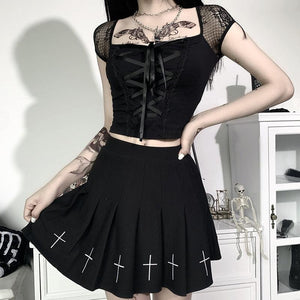 High Waist Pleated Black Skirt Gothic Style - Vellarmi