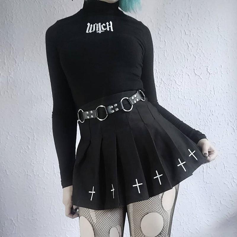 High Waist Pleated Black Skirt Gothic Style - Vellarmi