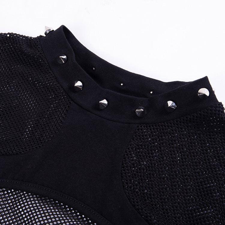 Punk Hollow Out Mesh Summer T-shirt With Belts and Spikes Decoration - Vellarmi
