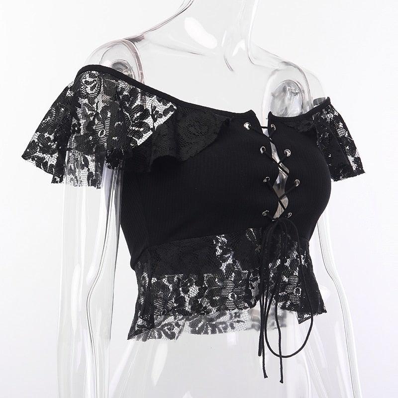 Sexy Lace Bandage Off The Shoulder Crop Top - Vellarmi