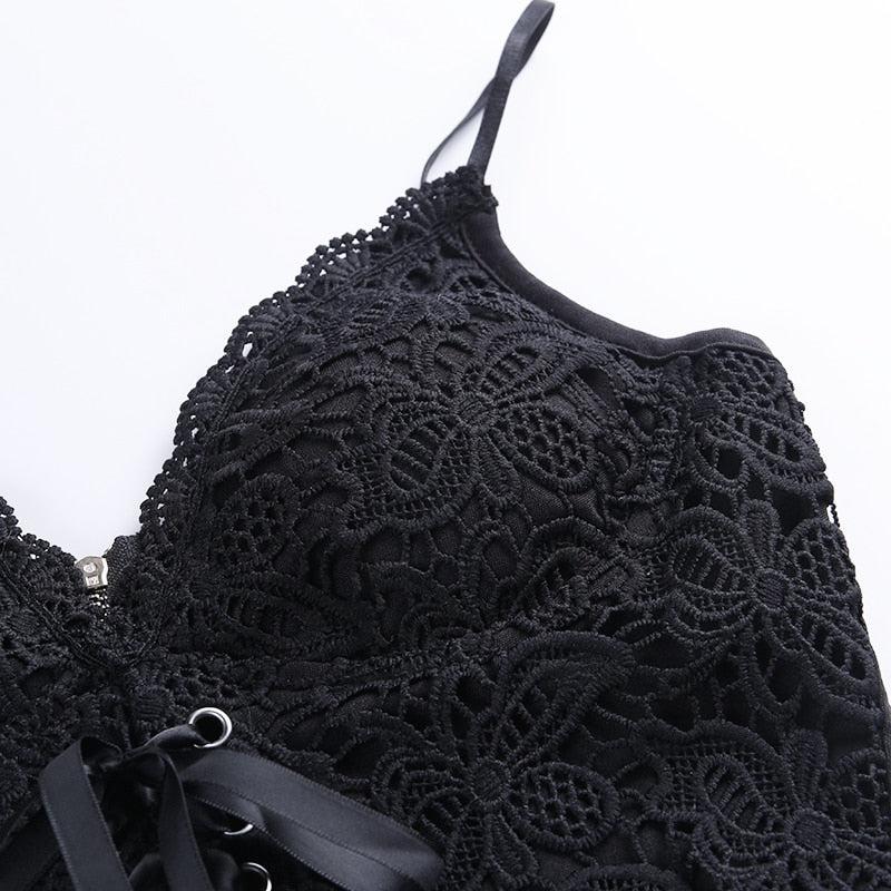 Black Tank Top With Lace Up Details - Vellarmi
