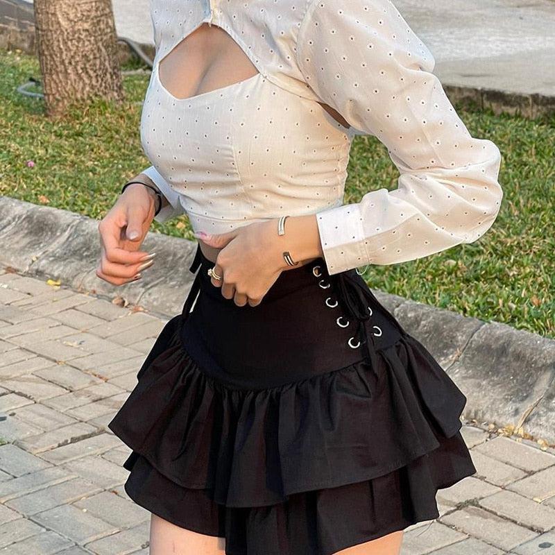 Cute Pleated Skirt With Lace Up details - Vellarmi