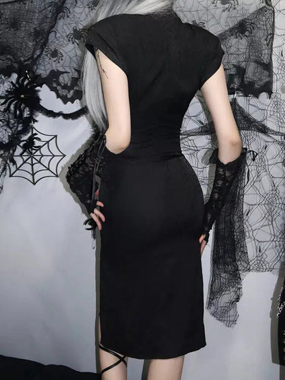 Gothic Black Streetwear Button Split Dress