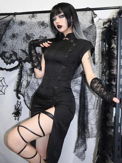 Gothic Black Streetwear Button Split Dress