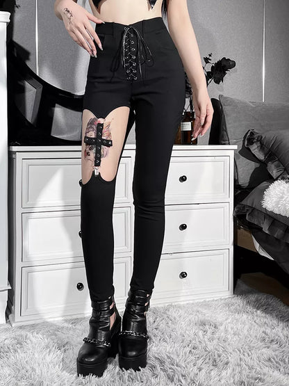Gothic Hollow Out Black Sexy Slim Pants