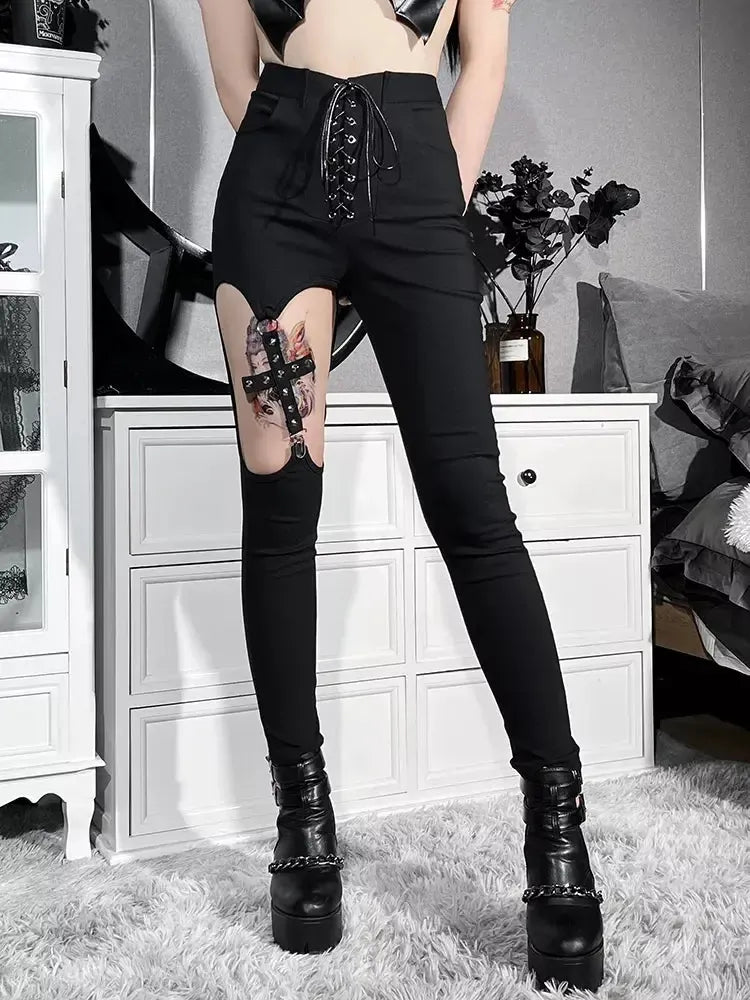 Gothic Hollow Out Black Sexy Slim Pants