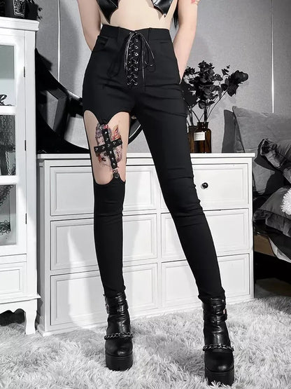 Gothic Hollow Out Black Sexy Slim Pants