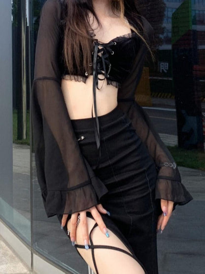 Dark Gothic Women'S Wide-Sleeved Crop Short Top