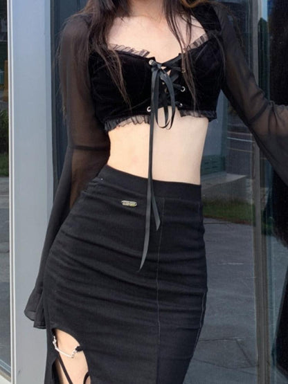 Dark Gothic Women'S Wide-Sleeved Crop Short Top