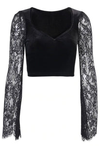 Summer Night Velvet Long Sleeve Lace Top - Vellarmi