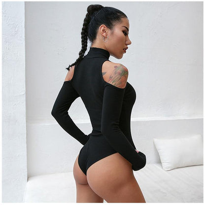 Women Black Long Sleeve Sexy Bodysuit - Vellarmi