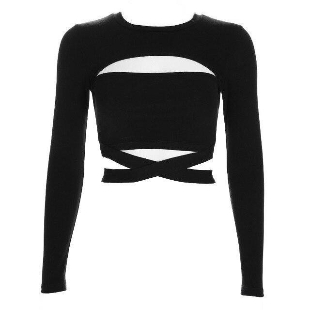 Black Long Sleeve Crop Top Lace Up - Vellarmi