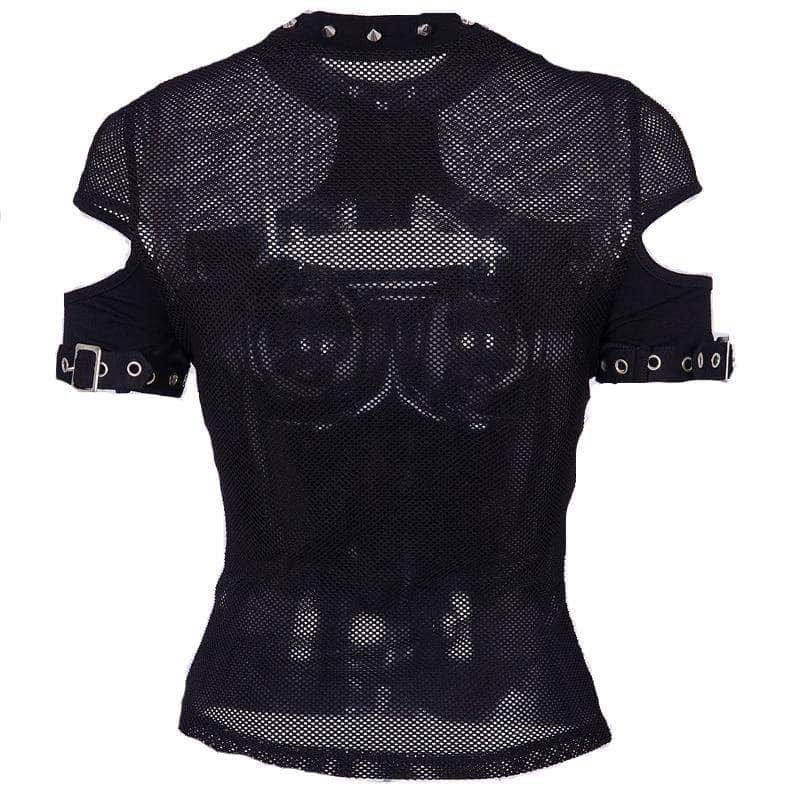 Punk Hollow Out Mesh Summer T-shirt With Belts and Spikes Decoration - Vellarmi