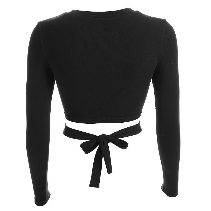 Black Long Sleeve Crop Top Lace Up - Vellarmi