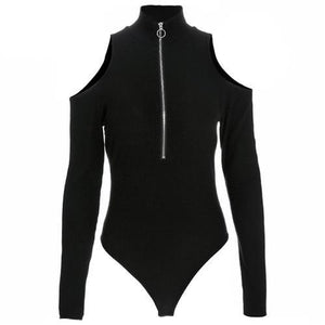Women Black Long Sleeve Sexy Bodysuit - Vellarmi