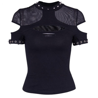 Punk Hollow Out Mesh Summer T-shirt With Belts and Spikes Decoration - Vellarmi