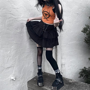 Dark Gothic Lace Up Skirt - Vellarmi