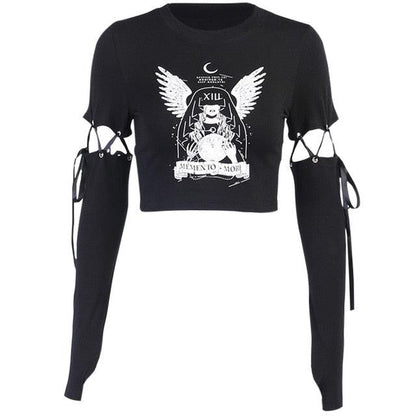 Wings Witch Print Black Long Sleeve Slim T-shirts - Vellarmi