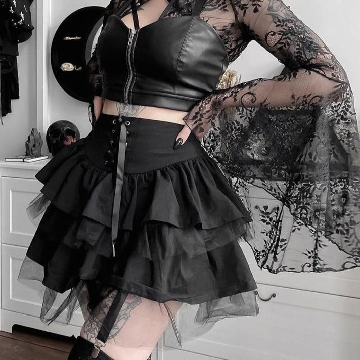 Dark Gothic Lace Up Skirt - Vellarmi