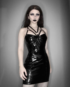 Goth Punk Style Sexy Black PU Leather Mini Dress - Vellarmi