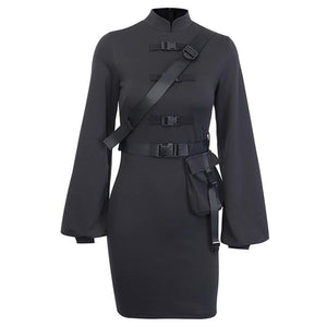 Punk Goth Harajuku Style Mini Long Sleeve Black Streetwear Dress - Vellarmi