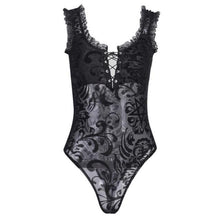 Load image into Gallery viewer, Kawaii Goth Sexy Black Lace Mesh Bodysuit With Floral Details - Vellarmi

