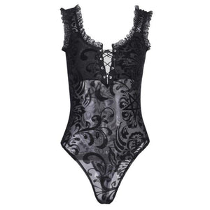 Kawaii Goth Sexy Black Lace Mesh Bodysuit With Floral Details - Vellarmi